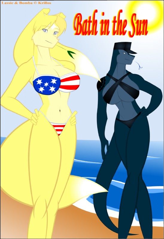 anthro beach big_breasts bikini blue_body breasts clothed clothing detailed_background duo female outside sand seaside skimpy sky sun swimwear tail tattoo tight_clothing tongue two-piece_swimsuit krillos bomba_(krillos) lassie_(krillos) canid canine canis collie domestic_dog herding_dog komodo_dragon lizard mammal monitor_lizard pastoral_dog reptile rough_collie scalie sheepdog hi_res