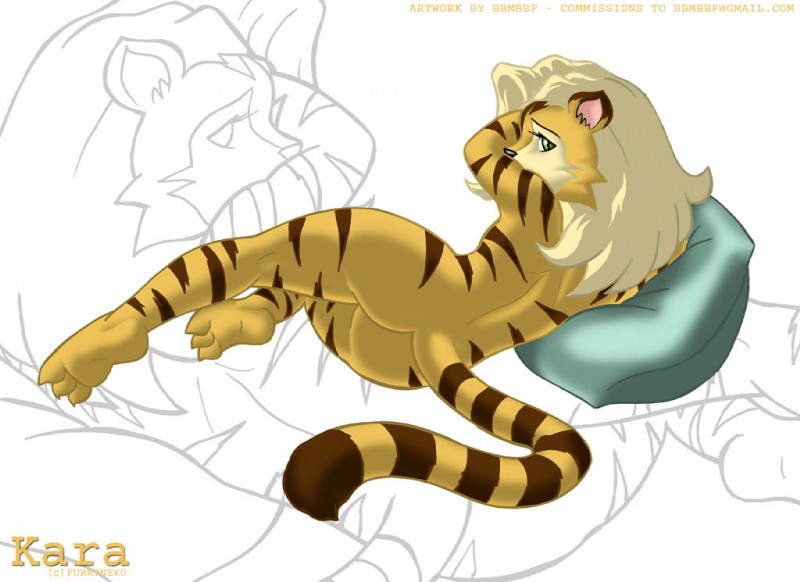 3_toes anthro black_nose butt feet female fur hair looking_at_viewer nude pillow solo tail toes avoid_posting bbmbbf kara_(furryneko) felid mammal pantherine tiger digital_media_(artwork)