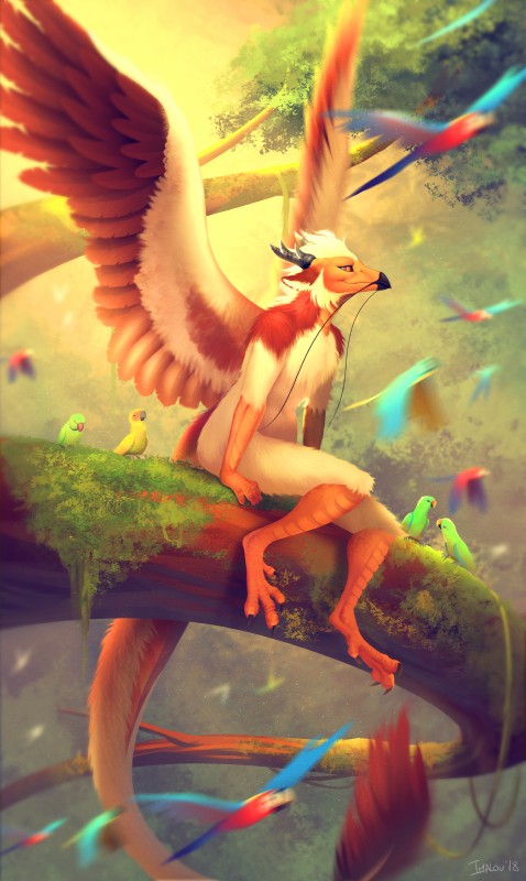 ambiguous_gender beak detailed_background feathered_wings feathers fur group hair horn moss nude orange_eyes outside plant sitting smile tail white_hair wings imalou mythology eva_(ozawk) avian bird dragon feathered_dragon feathered_scalie mythological_creature mythological_scalie parrot scalie 2018 absurd_res digital_media_(artwork) hi_res