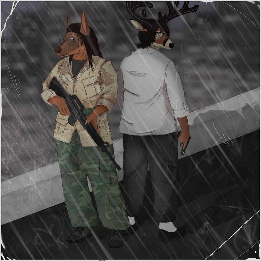 anthro antlers assault_rifle belt black_fingernails black_nails bottomwear brown_body brown_eyes brown_fur brown_hair camo cargo_pants clothing colored_nails duo eyewear fingernails fur glasses gun hair handgun horn long_hair m16 male military_clothing nails pants raining ranged_weapon rifle rolled_up_sleeves rooftop sunglasses weapon wrinkles raymundcrow raymund_(raymundcrow) ringo_jones_(raymundcrow) canid canine canis deer dobermann domestic_dog mammal pinscher 1:1 hi_res