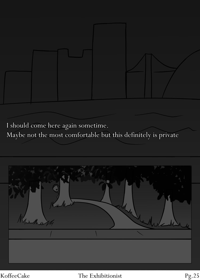 ambiguous_gender anthro city cityscape first_person_view grass leaf looking_at_viewer not_furry outside plant sea sidewalk simple_background solo street text tree water koffeecake mammal 2024 artist_name black_and_white comic digital_drawing_(artwork) digital_media_(artwork) english_text greyscale hi_res monochrome shaded sketch story