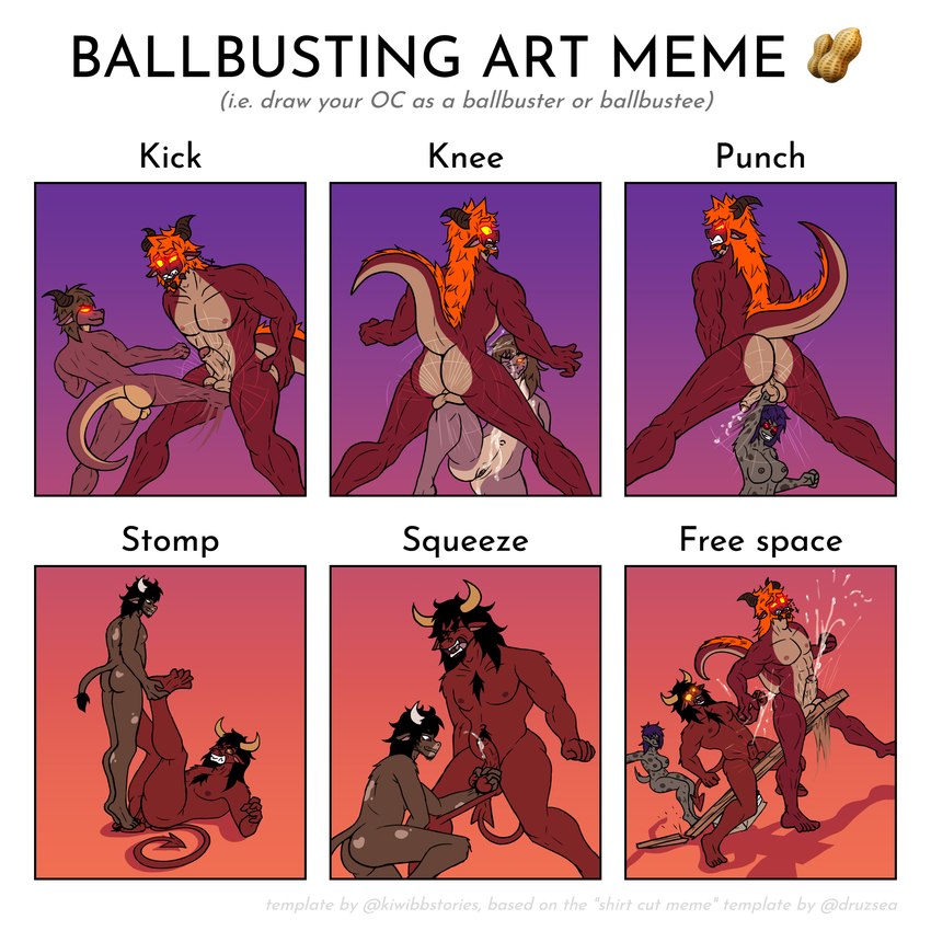 anthro athletic athletic_male backsack ball_punching ball_squeeze ballbusting balls beard big_breasts black_hair blue_hair bodily_fluids body_hair breasts brown_body brown_eyes butt challenge chest_hair cock_and_ball_torture countershade_balls countershade_butt countershade_genitalia countershade_tail countershade_torso countershading cum cum_drip cum_on_body cum_on_butt cumshot dripping ear_piercing ear_ring ejaculation facial_hair female genital_fluids genital_torture genitals glowing glowing_eyes group hair horn involuntary_orgasm kicking_balls long_hair male male/female male/male markings muscular muscular_anthro muscular_legs muscular_male muscular_thighs nipples nude orange_hair pain piercing pupils pussy raised_tail red_body ring_piercing sharp_teeth slightly_chubby slit_pupils spots spotted_body stepping_on_balls tail tan_body tan_countershading teeth text kimero_kat ballbusting_art_meme mythology azariel_santoro hira_(kimero_kat) kimero_(kimero_kat) lord_dunkelheit bovid bovine cattle demon dragon hybrid hyena mammal mythological_creature mythological_scalie reptile scalie snake 1:1 absurd_res english_text hi_res meme father_(lore) father_and_child_(lore) father_and_son_(lore) parent_(lore) parent_and_child_(lore) parent_and_son_(lore) son_(lore)