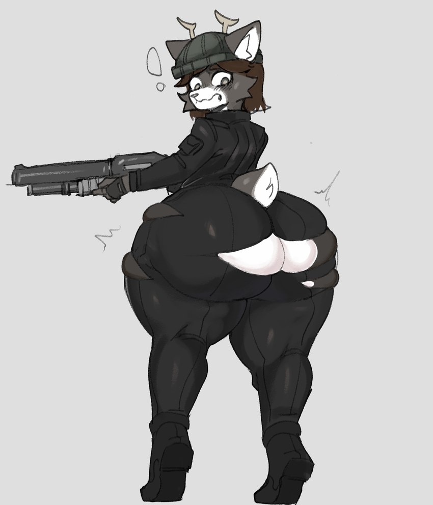 anthro big_butt blush blush_lines boots butt cheek_tuft clothed clothing facial_tuft footwear fur gloves gun handwear holding_gun holding_object holding_ranged_weapon holding_weapon huge_butt huge_thighs jacket looking_at_viewer looking_back male ranged_weapon rear_view shocked shoes shotgun simple_background smile smirk solo standing thick_thighs topwear torn_clothing trigger_discipline tuft wardrobe_malfunction weapon white_background tozamtr bell_(bellum32) deer mammal 2024 absurd_res hi_res