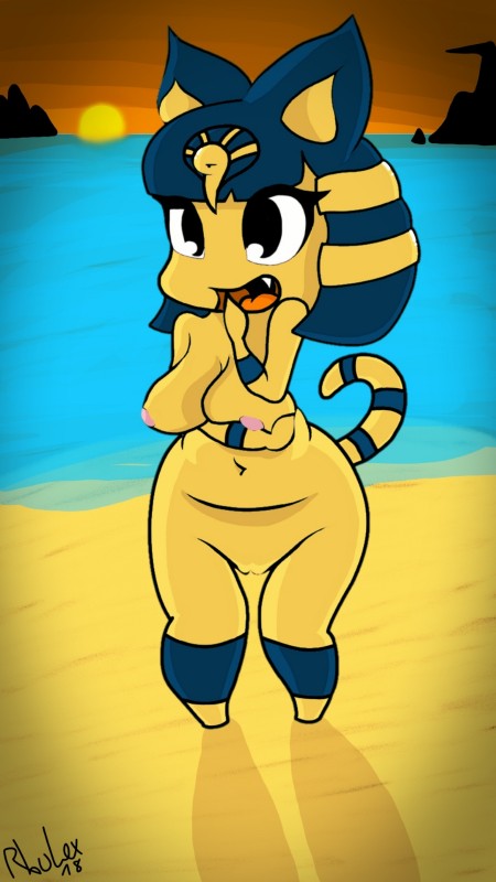 anthro beach breasts detailed_background featureless_feet featureless_hands feet female genitals nipples outside pussy seaside shadow short_stack sky solo uraeus water khanyvor animal_crossing nintendo ankha_(animal_crossing) domestic_cat felid feline felis mammal 2018 9:16 hi_res