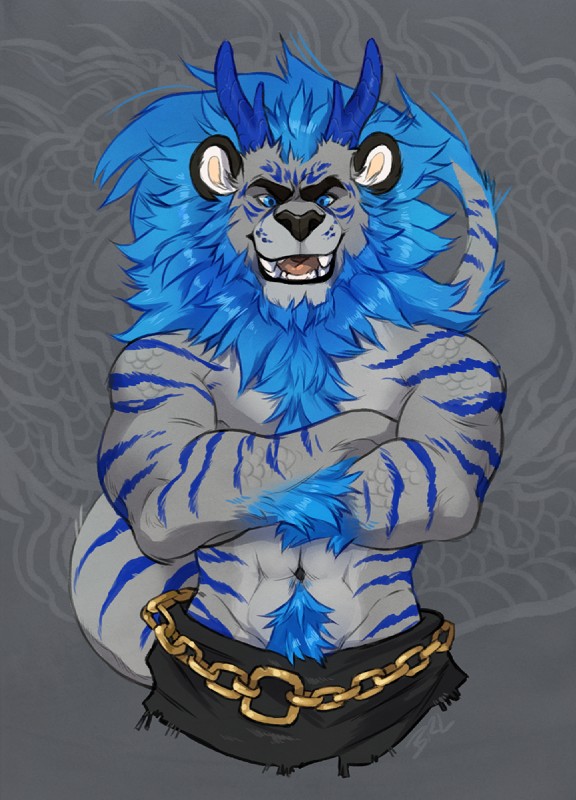 abs anthro beard biceps blue_eyes blue_hair chain clothed clothing crossed_arms facial_hair hair horn looking_at_viewer male muscular muscular_anthro muscular_male navel solo topless bigroundlion felid hybrid lion mammal pantherine tiger tigon 2018 hi_res