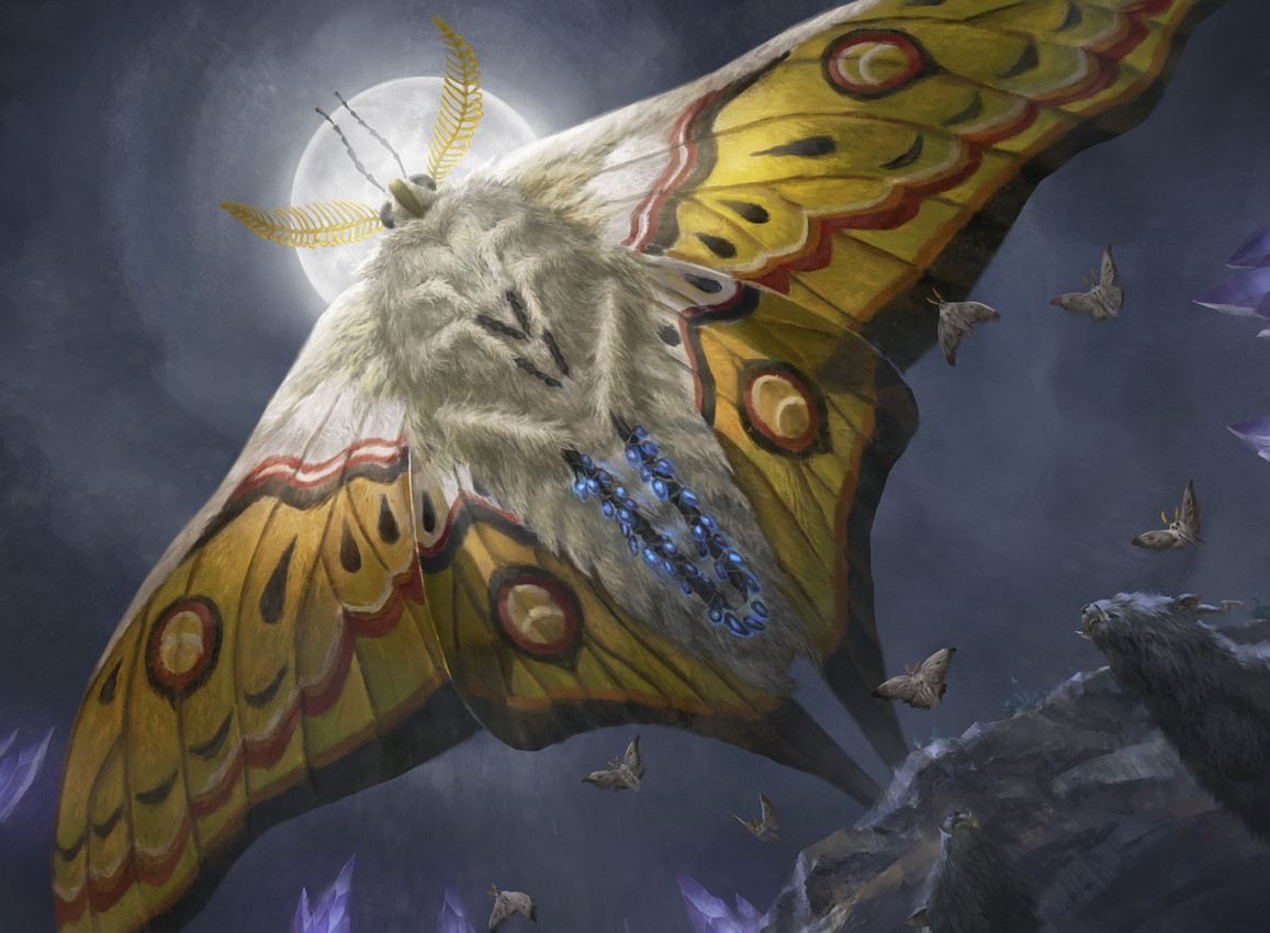 ambiguous_gender feral flying fur group insect_wings lepidopteran_wings looking_up low-angle_view moon night outside size_difference solo_focus spread_wings tusks white_body white_fur wings lie_setiawan hasbro magic:_the_gathering wizards_of_the_coast arthropod insect lepidopteran mammal moth hi_res official_art