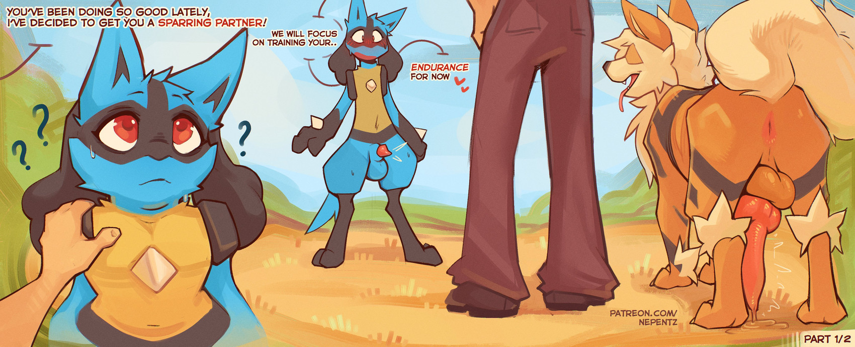 animal_genitalia animal_penis anthro anus biped blue_body blue_fur bodily_fluids butt canine_genitalia canine_penis erection feral fingers frown fur genitals group imminent_bestiality knot lipsticking male male_anthro male_feral penis quadruped question_mark rear_view red_eyes sheath sweat tail teeth text tongue trio nepentz nintendo pokemon arcanine generation_1_pokemon generation_4_pokemon human lucario mammal pokemon_(species) absurd_res english_text hi_res