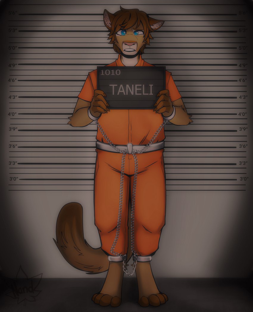 4_toes 5_fingers anthro arms_bent bangs barefoot blue_eyes blue_pupils bound brown_body brown_claws brown_eyebrows brown_fur brown_tail chart claws clothed clothed_anthro clothed_male clothing cuff_(restraint) eyebrows feet finger_claws fingers front_view fully_clothed_anthro fully_clothed_male fur hair height_chart holding_object holding_sign inside light logo male multicolored_body multicolored_fur number paws pink_nose prison_uniform prisoner pupils restraints short_hair sign solo standing tail teeth toes white_body white_fur nand_maple taneli cougar felid feline mammal 2024 absurd_res artist_logo character_name digital_drawing_(artwork) digital_media_(artwork) english_description hi_res lighting shaded