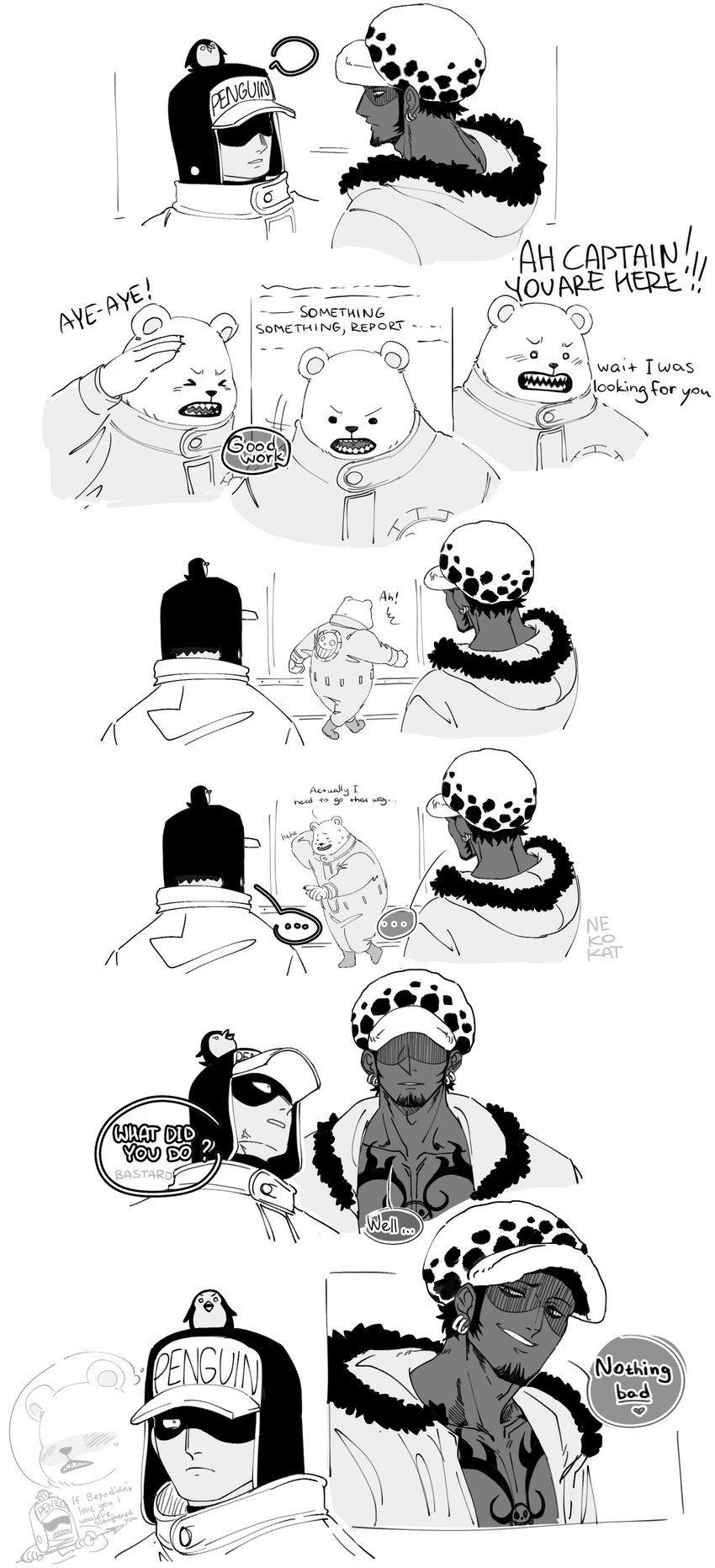 anthro beard biped blush clothing dialogue dot_eyes eyes_closed facial_hair group hat headgear headwear human_on_anthro humanoid_hands interspecies male simple_eyes text nekokat42 one_piece bepo_(one_piece) trafalgar_law bear human mammal minkmen_(one_piece) polar_bear ursine 2023 absurd_res comic english_text hi_res monochrome