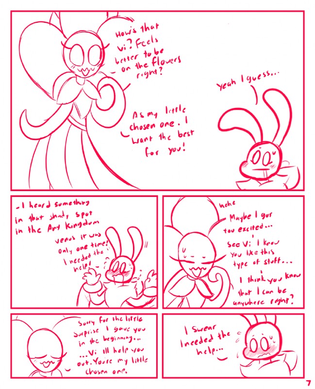 antennae_(anatomy) blush bodily_fluids female flower fluffy insect_wings plant restrained smile sweat sweatdrop text vines wings rex_santos bug_fables moonsprout_games venus_(bug_fables) vi_(bug_fables) arthropod bee hymenopteran insect comic english_text hi_res