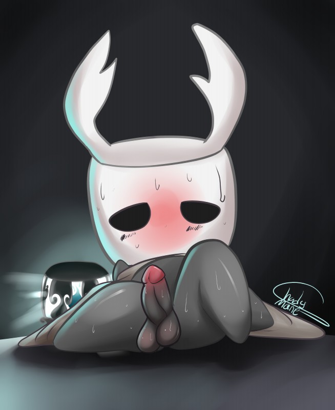 balls black_eyes blush bodily_fluids empty_eyes featureless_feet feet femboy genitals male mouthless penis seating small_penis solo sweat thick_thighs shady_mane hollow_knight team_cherry the_knight_(hollow_knight) vessel_(species) absurd_res hi_res