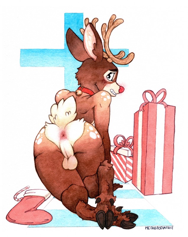 abstract_background all_fours anthro antlers anus backsack balls bell bell_collar big_butt blush butt butt_focus cloven_hooves collar countershading dewclaw_hooves fur genitals gift holidays hooves horn looking_at_viewer looking_back male multicolored_body multicolored_fur nude perineum presenting presenting_hindquarters red_nose smile solo thick_thighs two_tone_body two_tone_fur wide_hips mothandpodiatrist christmas rudolph_the_red-nosed_reindeer deer mammal new_world_deer reindeer 2020 hi_res painting_(artwork) traditional_media_(artwork) watercolor_(artwork)