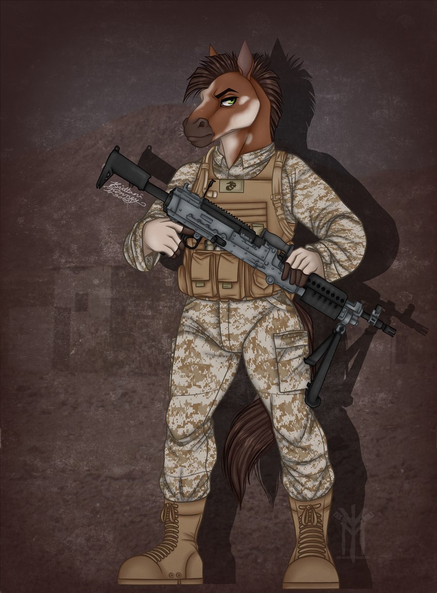 anthro battle camo camo_print clothing gun m240b male marine_corps military military_uniform ranged_weapon solo tactical uniform weapon thehuntingwolf united_states_marine_corps broderick_longshanks equid equine horse mammal marine absurd_res digital_media_(artwork) full-length_portrait hi_res portrait