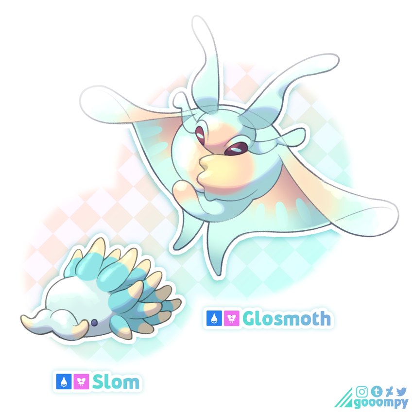 ambiguous_gender antennae_(anatomy) beady_eyes feral horizontal_pupils legless pseudo_mustache pupils simple_background text gooompy fakemon nintendo pokemon aquatic_gastropod convergent_fakemon frosmoth gastropod generation_8_pokemon marine mollusk nudibranch pokemon_(species) sea_slug slug snom 1:1