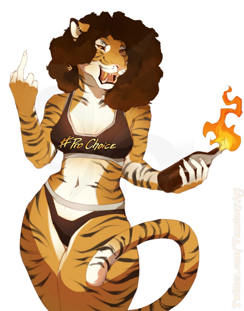 amber_eyes anthro black_lips black_stripes breasts clothed clothing ear_piercing ear_ring female fur gesture gold_(metal) gold_tooth hand_gesture lips looking_at_viewer middle_finger midriff molotov_cocktail navel open_mouth orange_body orange_eyes orange_fur piercing politics ring_piercing simple_background smile solo striped_body striped_fur stripes teeth text tongue white_background vexstacy felid mammal pantherine tiger 2022 absurd_res digital_media_(artwork) hi_res portrait three-quarter_portrait url