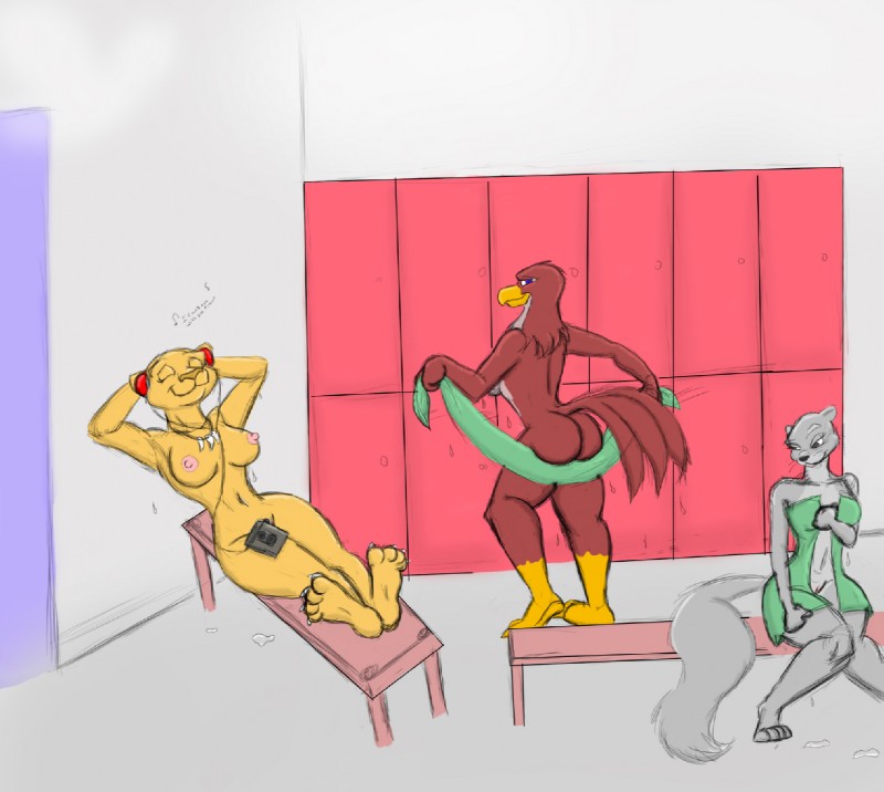 anthro beak bench breasts butt casual_nudity communal_shower electronics female genitals group headphones inside jewelry locker_room necklace nipples nude on_bench pussy shower social_nudity towel wet shadowcat_(artist) animalympics contessa_(animalympics) kit_mambo tatiana_tuschenko avian bird falcon falconid felid gulonine lion mammal marten mustelid musteline pantherine