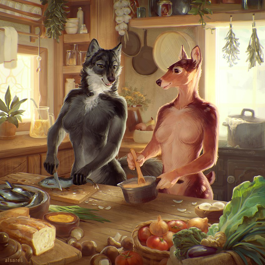 amazing_background anthro appliance basket beverage boil boiling_water bowl bread breasts casual_nudity clothed clothing container cooking cooking_pot cookware cutlery cutting_board detailed_background detailed_food duo ears_up egg featureless_breasts female fingers fish_meat food fruit frying_pan fungus garlic herbs humanoid_hands inside kitchen kitchen_appliance kitchen_cabinet kitchen_counter kitchen_stove kitchen_utensils knife leek meat mushroom no_bra nude nude_female onion photorealism pitcher plant realistic_anthro scenery_porn social_nudity spoon stove tomato tools topless vegetable wooden_spoon alsares anya_(nightbou) autumn_(nightbou) canid canine canis cervine deer mammal wolf 1:1 2022 detailed digital_media_(artwork) digital_painting_(artwork) hi_res painting_(artwork)