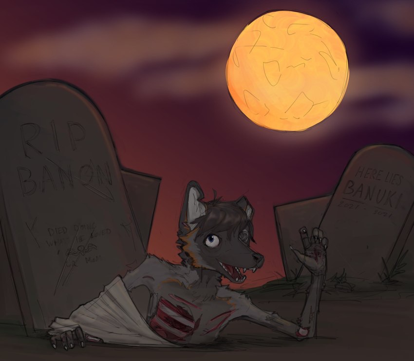 blood bodily_fluids cemetery claws cut_ear decay emaciated exposed_bone exposed_ribcage fangs full_moon hair looking_at_viewer male moon open_mouth open_wound teeth tombstone wounded banoncat banoncat_(character) canid canine fox mammal undead zombie 2021 hi_res