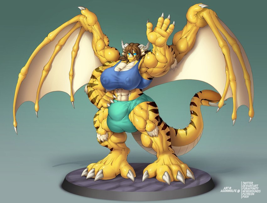 anthro balls_outline biceps big_bulge big_muscles biped breasts brown_hair bulge claws detailed_bulge digitigrade finger_claws fluffy genital_outline glowing glowing_eyes gynomorph hair horn huge_bulge huge_muscles hyper hyper_muscles intersex membrane_(anatomy) membranous_wings muscular muscular_anthro muscular_gynomorph muscular_intersex nipple_outline quadriceps solo standing stripes tail toe_claws wings agonwolfe mythology durrn dragon mythological_creature mythological_scalie scalie