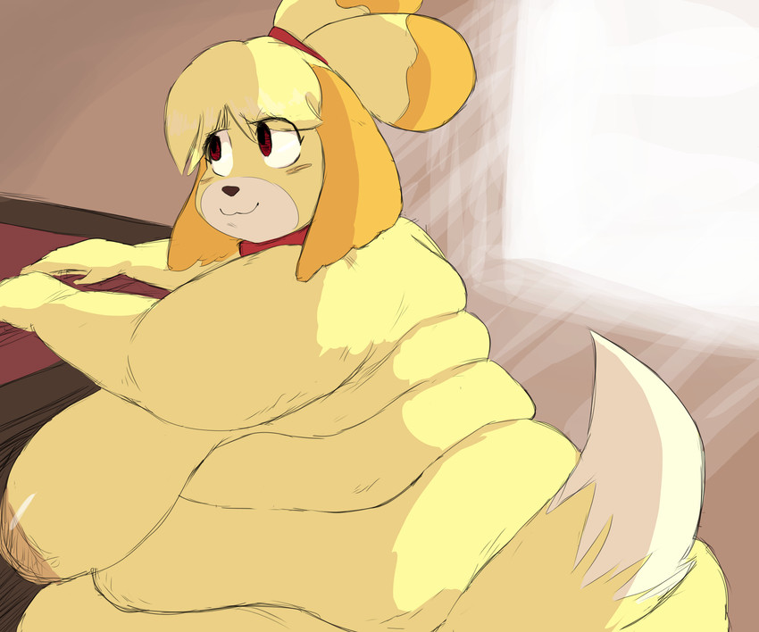 anthro big_breasts blonde_hair breasts female fur hair morbidly_obese morbidly_obese_anthro morbidly_obese_female nipples nude obese obese_anthro obese_female overweight overweight_anthro overweight_female sagging_breasts smile yellow_body yellow_fur unawarey animal_crossing nintendo isabelle_(animal_crossing) canid canine canis domestic_dog mammal shih_tzu toy_dog 6:5 hi_res