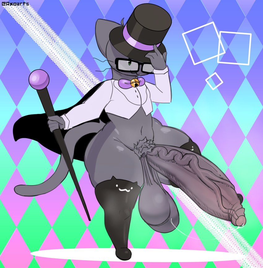 anthro balls bell bell_bow big_balls big_butt big_penis black_cape black_clothing black_eyewear black_glasses black_hat black_headwear black_legwear black_thigh_highs black_top_hat bodily_fluids bottomless bow_tie butt cape cat_face_stockings clothed clothing crop_top eyewear front_view fur genital_fluids genitals glasses green_eyes grey_body grey_ears grey_fur grey_hair grey_tail hair hand_on_hat hat headgear headwear holding_object holding_staff huge_balls huge_penis huge_thighs hyper hyper_balls hyper_genitalia hyper_penis legwear looking_at_viewer magician magician_hat male multicolored_clothing multicolored_legwear multicolored_thigh_highs navel one_leg_up partially_clothed penis pose precum precum_string purple_bow_tie purple_clothing purple_hat purple_headwear purple_top_hat raised_leg shirt smile solo staff tail thick_thighs thigh_highs top_hat topwear two_tone_clothing two_tone_hat two_tone_legwear two_tone_thigh_highs two_tone_top_hat vein veiny_penis whiskers white_clothing white_crop_top white_legwear white_shirt white_thigh_highs white_topwear axoarts axo_(axoarts) domestic_cat felid feline felis mammal 2024 digital_media_(artwork) hi_res