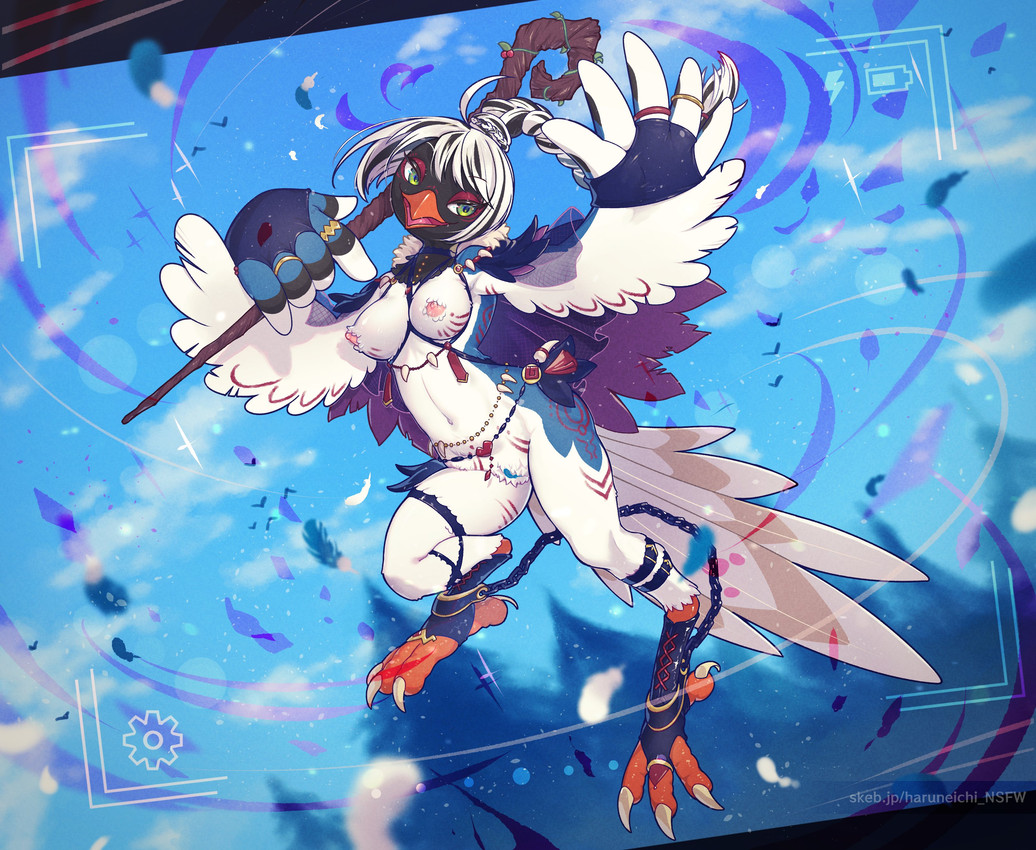 action_pose anthro beak black_body black_feathers blue_body blue_feathers braided_hair breasts chain claws clothing curvy_figure feathers feet female flying footwear genitals green_eyes hair happy heart_symbol holding_object holding_staff jewelry lidded_eyes magic_user midair midriff mostly_nude navel neck_tuft nipples non-mammal_breasts non-mammal_navel non-mammal_nipples open_mouth orange_beak ponytail pose ring shark_tooth_necklace small_waist smile solo spread_wings staff standing tail tail_feathers talons thick_thighs toe_claws toes tuft vulva white_body white_feathers white_hair wide_hips winged_arms wings haruneichi cissa_(idorrth) avian bird corvid magpie_(corvid) oscine passerine absurd_res digital_media_(artwork) full-length_portrait hi_res pinup portrait