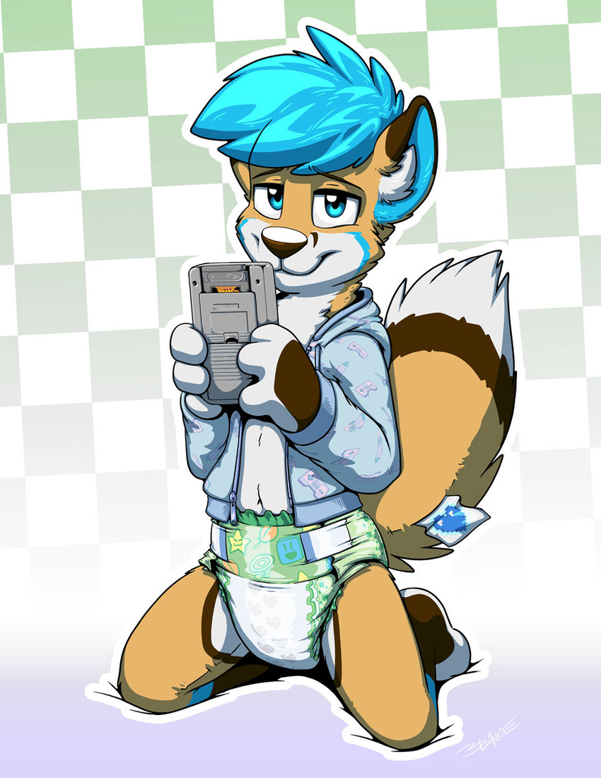 anthro arms_bent bent_legs blue_eyes blue_hair blue_markings checkered checkered_background clean_diaper clothed clothing diaper electronics fur game_boy_cartridge game_boy_console game_cartridge game_console game_media hair handheld handheld_console heart_symbol holding_console holding_game_boy holding_object kneeling looking_at_viewer male markings navel nintendo_console orange_body orange_fur pattern_background pixelated_heart plushie simple_background smile solo storage_media wearing_diaper white_body white_fur young young_anthro blankieplush bucky_o'hare_(series) game_boy game_boy_family nintendo animate_inanimate canid canine fox living_plushie mammal 2019 hi_res