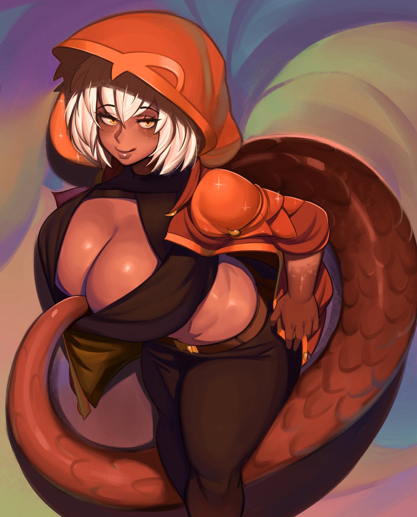 big_breasts breasts cleavage clothed clothing clothing_pull female hair huge_breasts looking_at_viewer solo white_hair yellow_eyes kevbot animal_humanoid humanoid lizard_humanoid mammal reptile reptile_humanoid scalie scalie_humanoid hi_res