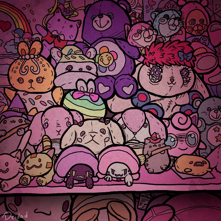 group not_furry plushie teddy_bear zero_pictured deidad_dissitum care_bears little_twin_stars nintendo pokemon pusheen_and_friends sanrio gudetama pusheen bear canid canine canis domestic_dog felid feline generation_1_pokemon jigglypuff lagomorph leporid mammal pokemon_(species) rabbit colorful_theme meme sibling_(lore) twins_(lore)