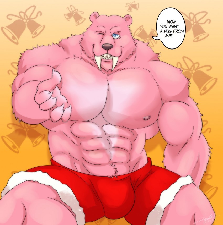 5_fingers abs anthro bell biceps black_nose black_text blue_eyes bottomwear bulge clothing dialogue fangs fingers fur grin leg_muscles looking_at_viewer male muscular muscular_anthro muscular_male one_eye_closed pattern_background pecs pink_body pink_fur reaching red_bottomwear red_clothing red_shorts sabertooth_(anatomy) shorts simple_background sitting smile solo speech_bubble teeth text wink yellow_background jabuhusky jingle_all_the_way booster_(jingle_all_the_way) felid mammal prehistoric_species saber-toothed_tiger 2019 hi_res signature