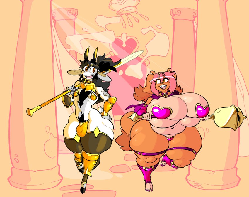 anthro armor bevor black_hair brown_eyes bulge clothed clothing cloven_hooves collar colored_nails colored_toenails duo feet female fur hair holding_melee_weapon holding_object holding_sword holding_weapon hooves horizontal_pupils male melee_weapon metal_pasties nails nipple_armor orange_body orange_fur pink_hair pupils purple_clothing pussy_armor skimpy sword swordstaff toenails toes unconvincing_armor weapon white_body white_fur yellow_clothing jinti jinti_(character) maty bovid canid canine canis caprine domestic_dog goat mammal 2023 digital_media_(artwork) hi_res signature