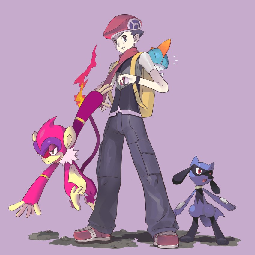 ambiguous_gender anthro backpack blue_body blue_hair bottomwear clothing fire grey_eyes group hair half-closed_eyes hat headgear headwear holding_object jacket long_tail male narrowed_eyes open_mouth pants pink_body pokeball purple_background scarf simple_background spikes standing tail topwear mimogulu nintendo pokemon lucas_(pokemon) generation_3_pokemon generation_4_pokemon human humanoid mammal monferno pokemon_(species) ralts riolu shiny_pokemon 1:1 2021 absurd_res hi_res