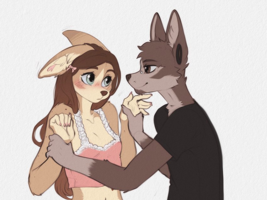 5_fingers anthro blush breasts brown_body brown_eyes brown_fur brown_hair clothed clothed_anthro clothed_female clothed_male clothing clothing_grab duo ear_piercing eye_contact female fingers front_view fur gauged_ear green_eyes hair inner_ear_fluff long_hair looking_at_another male open_mouth piercing shirt simple_background small_breasts t-shirt teeth tongue topwear tuft yshanii cotton_(yshanii) tinygaypirate_(fursona) canid canine canis dingo domestic_dog mammal 2025 digital_media_(artwork) hi_res