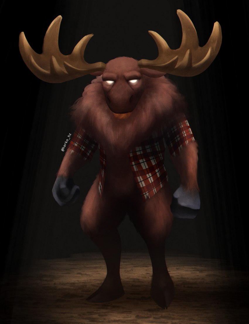 anthro antlers beard big_antlers black_background black_hooves bottomless brown_body brown_fur brown_tuft clothed clothing detailed_fur dirt ears_down facial_hair featureless_crotch fingers fluffy fur glowing glowing_eyes hooved_fingers hooves horn light looking_at_viewer male mostly_nude neck_tuft no_pupils open_clothing open_shirt open_topwear orange_beard orange_facial_hair pivoted_ears shadow shirt shirt_only simple_background solo standing thick_thighs topwear topwear_only tuft yellow_antlers harko_hz don't_starve klei_entertainment woodie_(don't_starve) deer mammal moose new_world_deer werecreature weredeer weremoose werenew_world_deer 2021 colored detailed full-length_portrait hi_res lighting portrait shaded signature