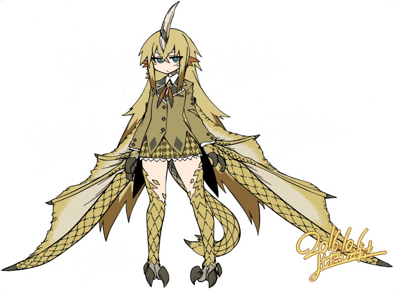 3_fingers 4_toes blonde_hair blue_eyes bottomwear clothed clothing feet female fingers fully_clothed hair horn long_hair scales shirt skirt solo talons toes topwear winged_arms wings zygodactyl yoshida_hideyuki capcom monster_hunter animal_humanoid flying_wyvern humanoid seregios signature watermark