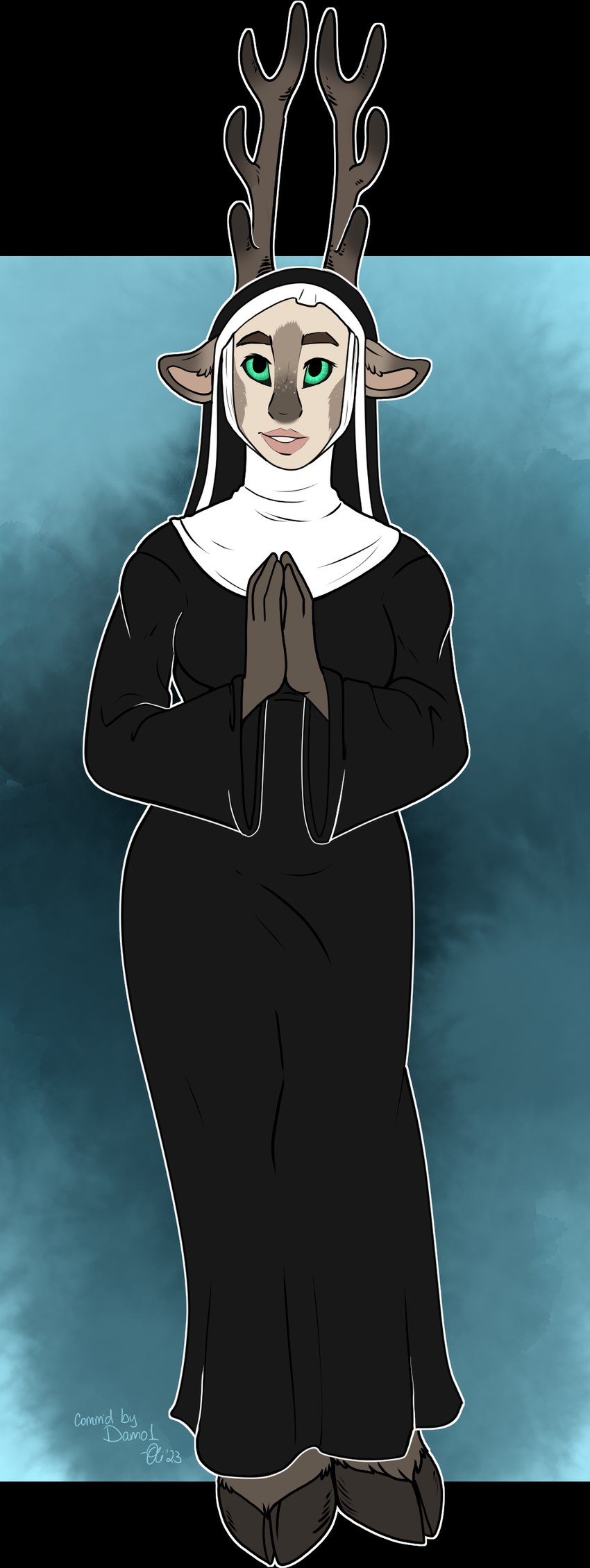 anthro antlers biped black_sclera female hooves horn nun_outfit praying simple_background smile smiling_at_viewer solo conditional_dnp oli_snowpaw scp_foundation scp-166 deer faun mammal absurd_res alpha_channel hi_res