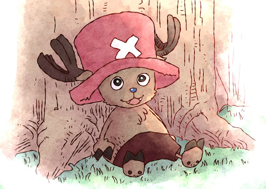 antlers black_eyes blue_nose brown_body clothing fangs grass hat headgear headwear hooves horn male pink_clothing pink_hat pink_headwear plant solo teeth tree tree_stump moonpaw17 one_piece tony_tony_chopper deer mammal new_world_deer reindeer hi_res