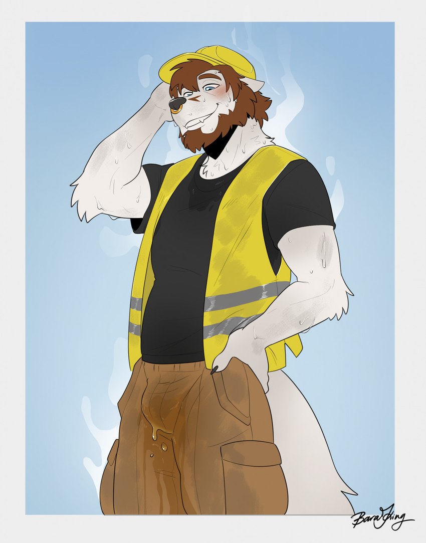 anthro armor beard blush bodily_fluids bottomwear cargo_pants clothing construction_worker excessive_musk facial_hair facial_piercing fur fur_markings genital_fluids hand_on_hip hard_hat headgear helmet high-vis looking_pleasured male markings musk musk_clouds nose_piercing nose_ring pants peeing piercing ring_piercing smile solo sweat sweatdrop urine urine_stain watersports wet wet_clothing wetting white_body white_fur baraking canid canine canis mammal wolf hi_res