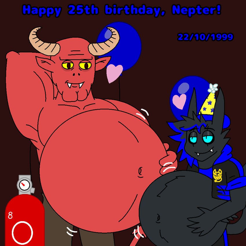 air_inflation air_tank balloon belly belly_inflation big_belly birthday birthday_gift clothing duo hat headgear headwear inflatable inflated_belly inflation looking_at_another male muscular muscular_male navel oxygen oxygen_tank party_hat tank vehicle huskyblue42 supermariofann1 nepter_hallows_(huskyblue42) satan demon humanoid satyr 1:1 2024