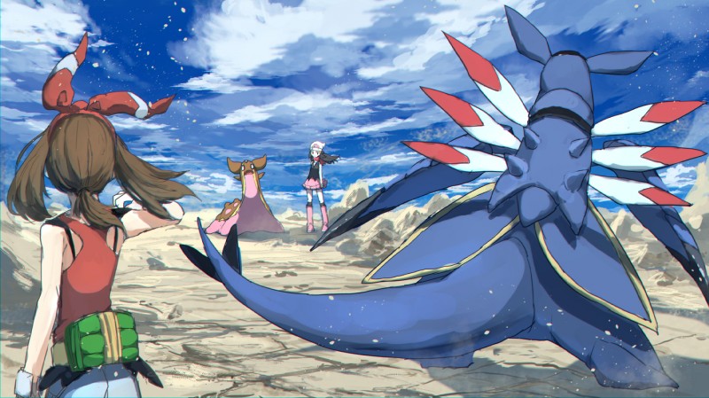 accessory ambiguous_gender battle beanie black_hair brown_hair claws clothed clothing cloud detailed_background female group hair hair_accessory hair_ribbon hat headgear headwear long_hair outside pokemon_battle ribbons sand scared sky standing wind pippi913 nintendo pokemon dawn_(pokemon) may_(pokemon) pokemon_trainer armaldo arthropod fossil_pokemon gastrodon gastropod generation_3_pokemon generation_4_pokemon human mammal marine mollusk pokemon_(species) west_sea_gastrodon 2016 digital_media_(artwork) digital_painting_(artwork) hi_res