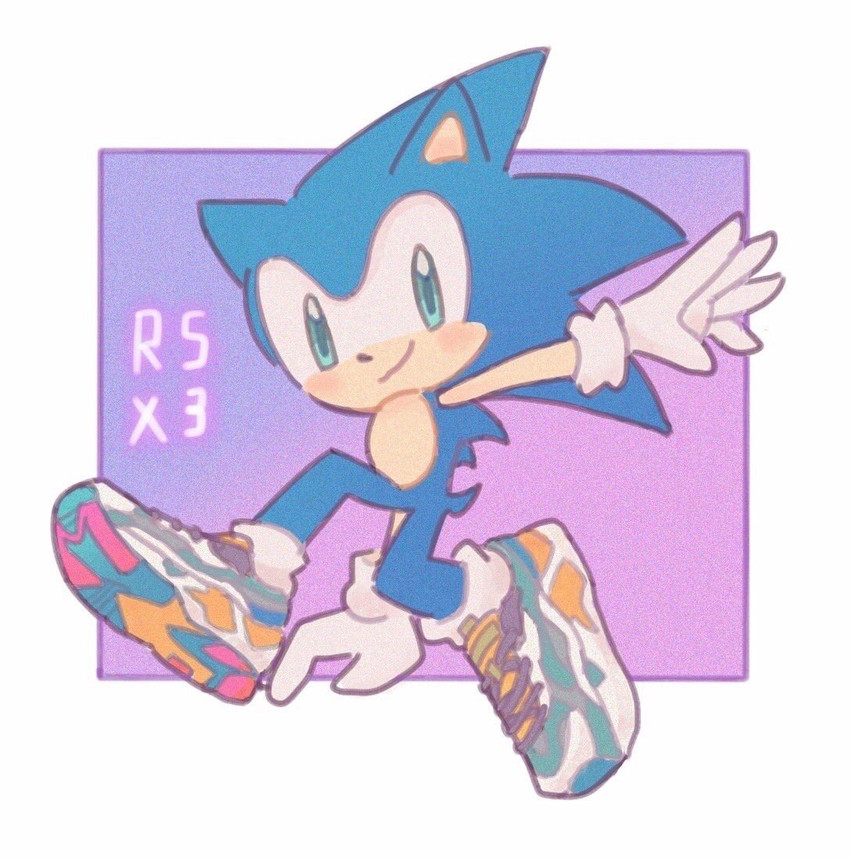 alternate_costume anthro blue_body blue_fur border clothing footwear fur gloves green_eyes handwear male multicolored_clothing multicolored_footwear multicolored_shoes purple_background shoes simple_background smile sneakers solo white_border white_clothing white_footwear white_shoes buke3jp sega sonic_the_hedgehog_(series) sonic_the_hedgehog eulipotyphlan hedgehog mammal 2020