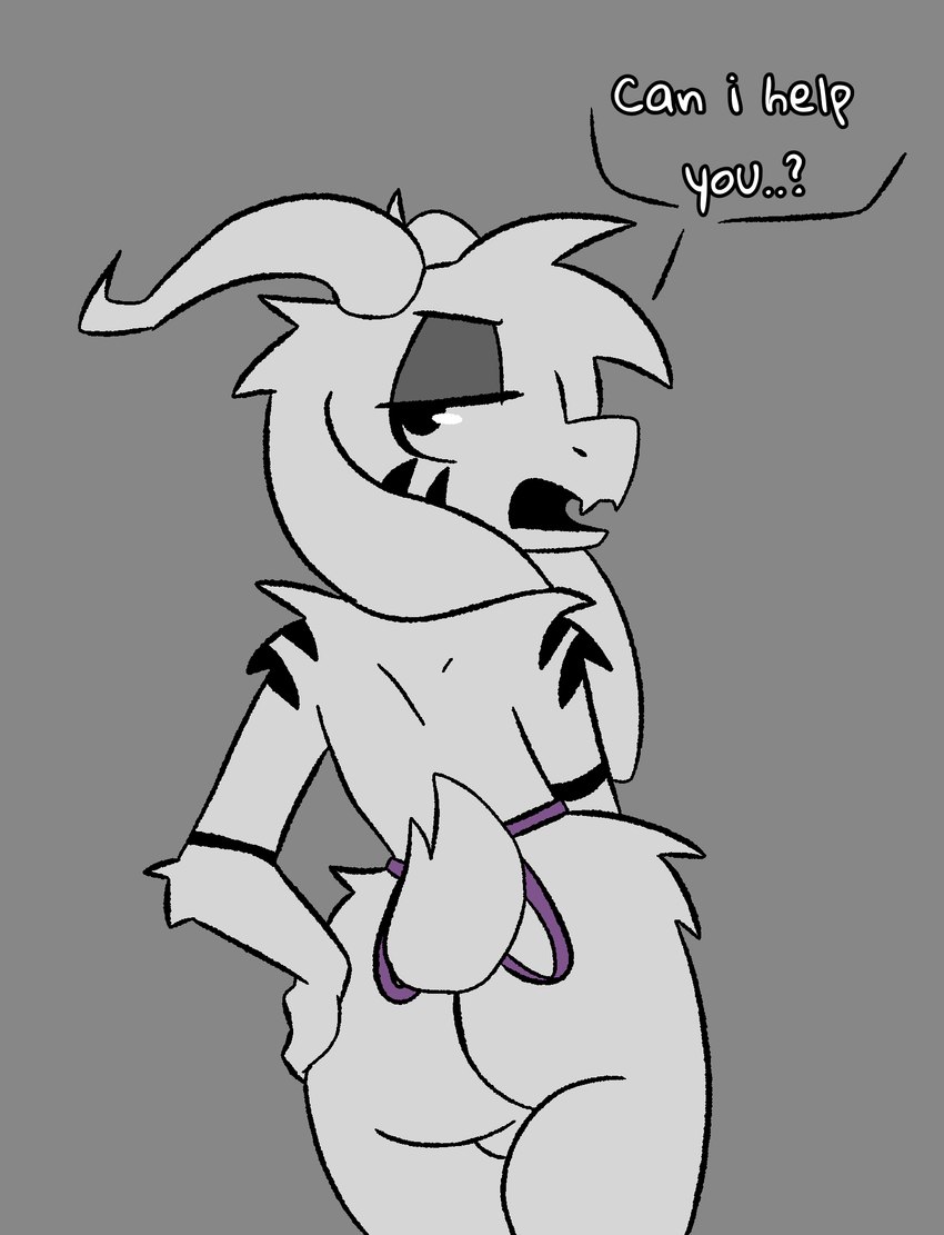 anthro apron arm_tuft balls bothered butt clothing eyeshadow fur genitals half-closed_eyes head_tuft horn makeup male markings narrowed_eyes rear_view shoulder_tuft solo text tuft white_body white_fur thatrabiddog undertale undertale_(series) asriel_dreemurr_(god_form) bovid caprine goat mammal hi_res