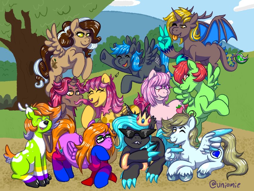 ambiguous_gender bff duckface feathered_wings feathers female feral group group_photo happy horn male membrane_(anatomy) membranous_wings quadruped swag tail wings uniomie hasbro my_little_pony mythology aura_star_(auramaster151) chickadee_(vivi) emmy_pony fan_character ribbun_(ribbun) shell_spin zeke_v deer dragon equid equine horse mammal mythological_creature mythological_equine mythological_scalie pegasus pony scalie unicorn 4:3