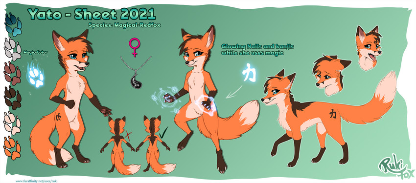 anthro female_symbol feral gender_symbol glowing glowing_paws jewelry necklace paws solo symbol rukifox yumi_(yatofox) canid canine fox mammal shape_shifter hi_res model_sheet female_(lore)