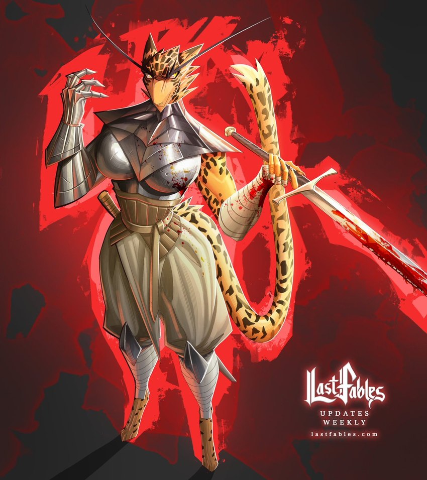 abstract_background anthro armor bandage bandaged_arm blood bodily_fluids breasts clothed clothing eyebrows feet female fur gauntlets gloves handwear kneeguards melee_weapon pantaloons small_feet solo spots sword text weapon xplaysx last_fables lieren_(last_fables) cheetah felid feline mammal hi_res