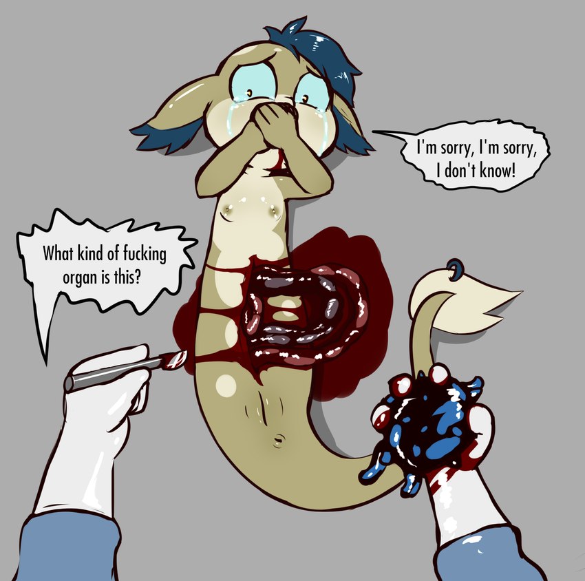 anthro anus blood blue_hair blue_sclera bodily_fluids breasts clothing crying disembodied_hand disembowelment ears_down female first_person_view fluffy_ears furgonomics furry-specific_piercing genitals gloves gore guts hair hands_on_mouth handwear holding_organ imminent_death intestines looking_at_viewer lying medical_instrument nipples on_back organs piercing pivoted_ears pov_hands profanity pussy scalpel scared scientific_instrument simple_background small_breasts snuff solo speech_bubble surgical_instrument tail tail_piercing tan_body tan_skin tears text young e254e disney the_owl_house vee_(the_owl_house) basilisk_(the_owl_house) english_text hi_res