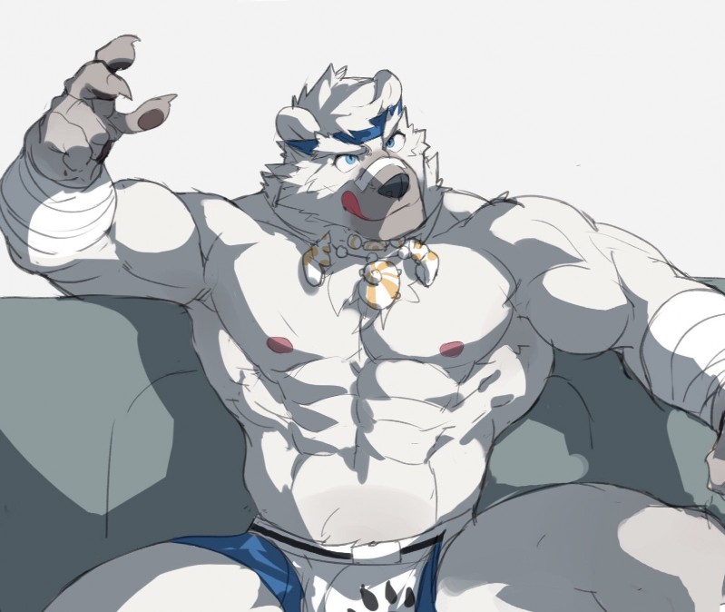 abs accessory anthro biceps big_muscles bottomwear clothing fur headband male muscular muscular_anthro muscular_male nipples pecs solo white_body white_fur rollingstoneeeeee ben_(rollingstoneeeeee) bear mammal polar_bear ursine 2017 hi_res