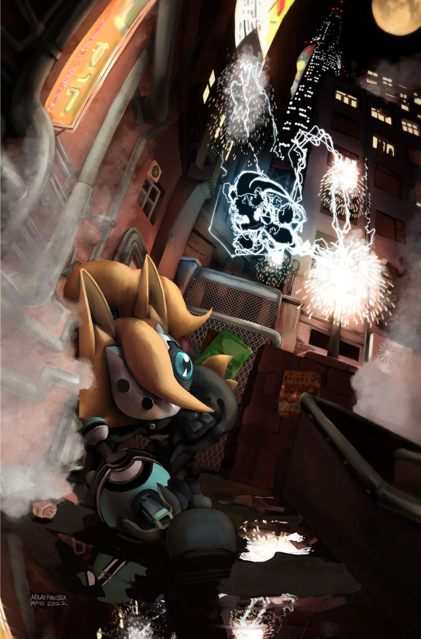 alley anthro black_clothing boots building cape chasing city clothing detailed_background duo electricity electricity_manipulation elemental_manipulation explosion female fence floating footwear fur gun hair holding_object holding_weapon lightning mask neon_sign night no_pupils outside ponytail puddle ranged_weapon running sharp_teeth shoes sign skyscraper tan_body tan_fur teeth variable_wispon weapon mauro_fonseca idw_publishing sega sonic_the_hedgehog_(comics) sonic_the_hedgehog_(idw) sonic_the_hedgehog_(series) surge_the_tenrec whisper_the_wolf afrosoricid canid canine canis mammal tenrec wolf 2022 dated hi_res official_art signature