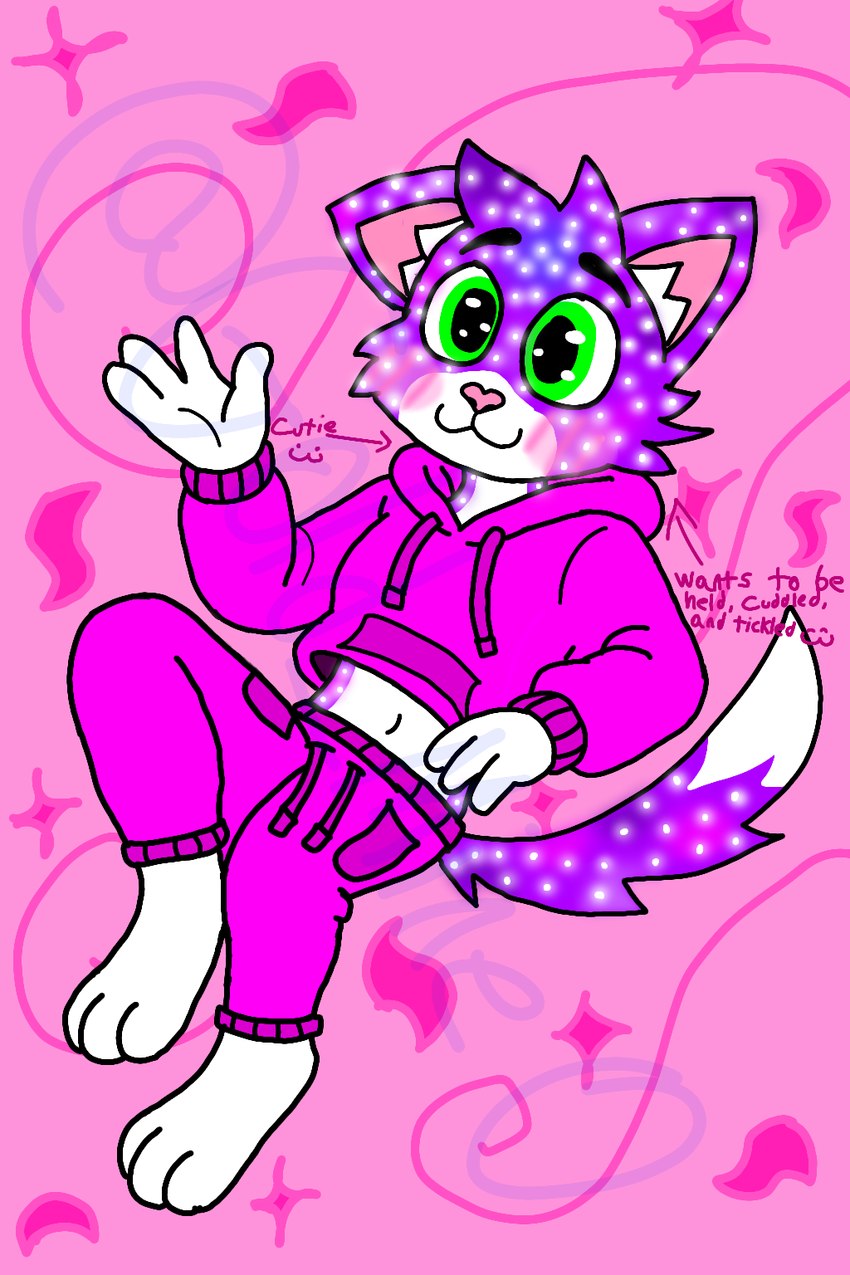 3_toes :3 anthro barefoot belly blush bottomwear clothing cosmic_fur crop_top cropped_hoodie description ears_down feet femboy flustered fur glowing green_eyes hand_in_air happy heart_nose heart_symbol hood_down hoodie male midriff navel pants pink_background pink_bottomwear pink_clothing pink_hoodie pink_nose pink_pants pink_topwear pivoted_ears purple_body purple_fur shirt simple_background smile smiling_at_viewer solo toes topwear white_belly white_feet gold_mine0 nova_(gold_mine0) domestic_cat felid feline felis mammal 2:3 hi_res