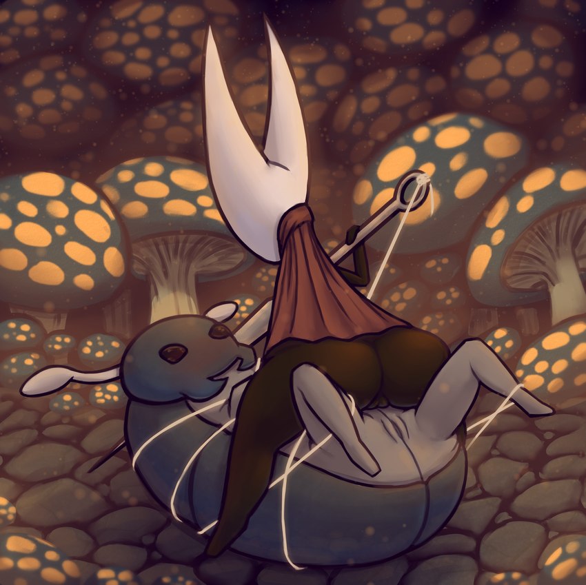 anthro big_butt black_body bound butt duo female female/female feral fungus genitals grey_body lying mushroom on_back pussy straddling gmad hollow_knight team_cherry bretta_(hollow_knight) hornet_(hollow_knight) arthropod absurd_res digital_media_(artwork) hi_res